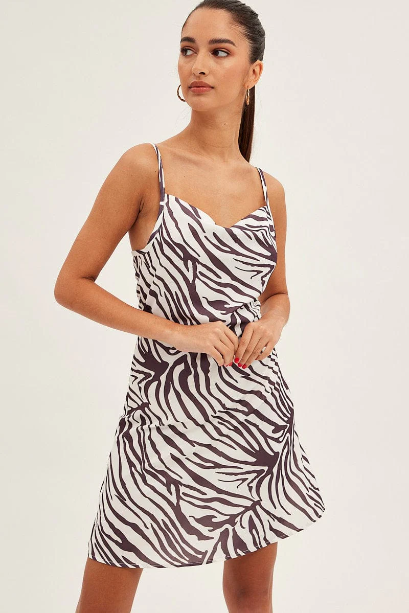 Brown Print Cowl Neck Mini Dress