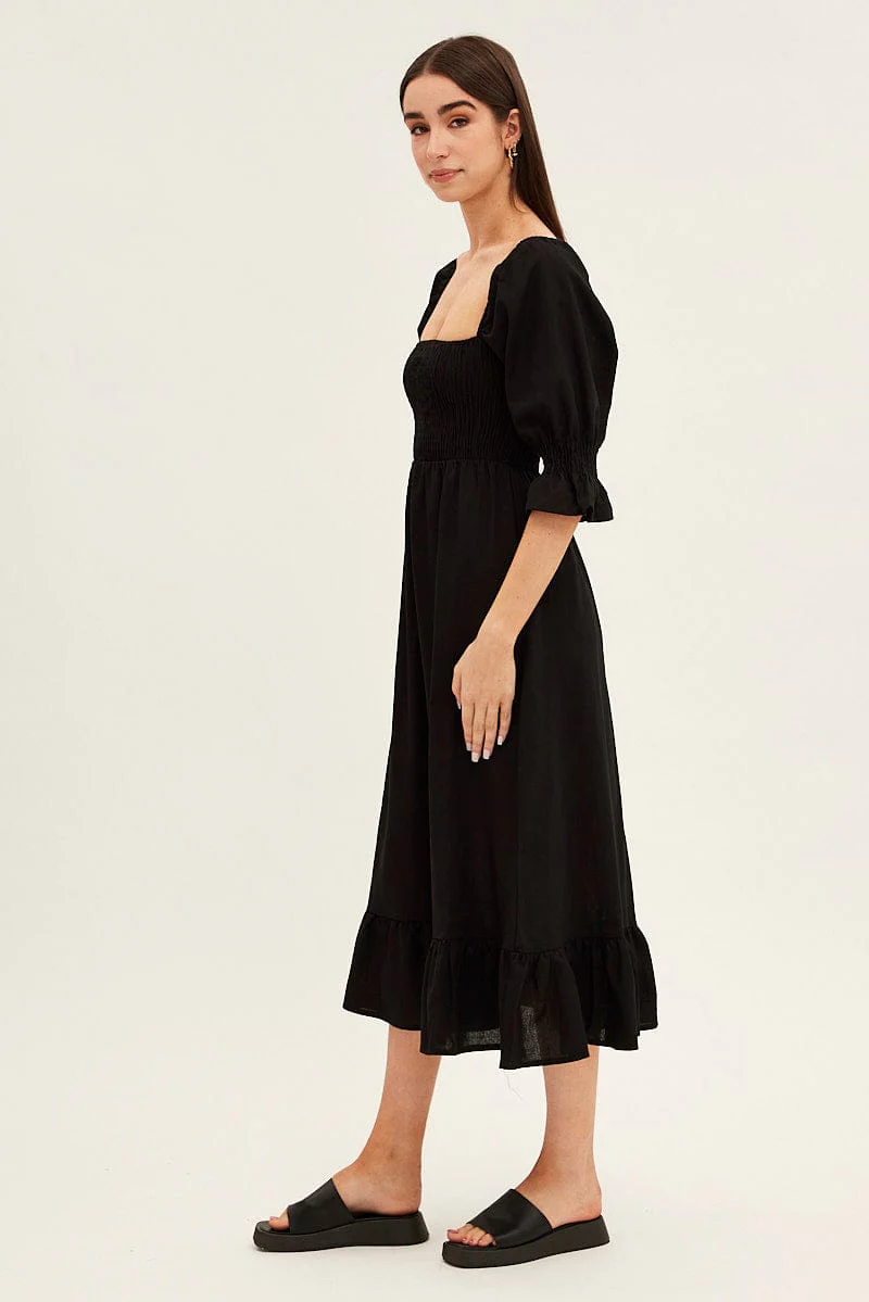 Black Puff Sleeve Shirred Tiered Midi Dress