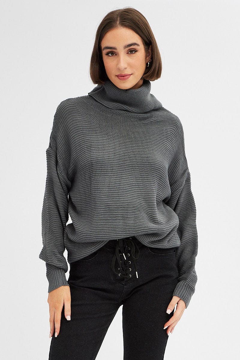 Grey Knit Top Long Sleeve Relaxed Turtleneck