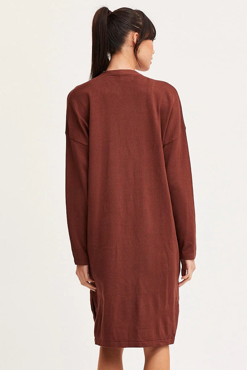 Brown Knit Cardigan Long Sleeve Relaxed Longline