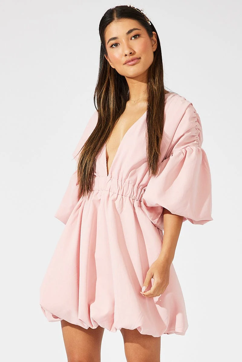 Pink Puffball Dress Statement Plunge Mini Dress
