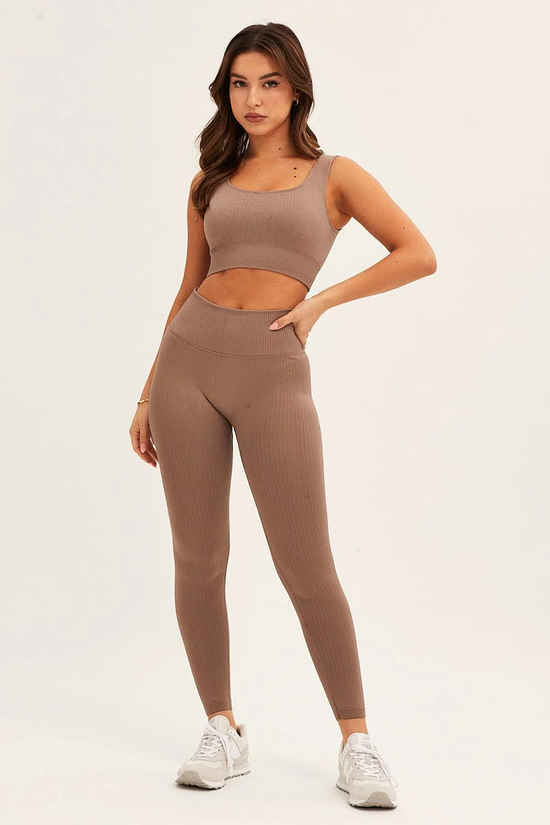 Brown Seamless Activewear Leggings Set