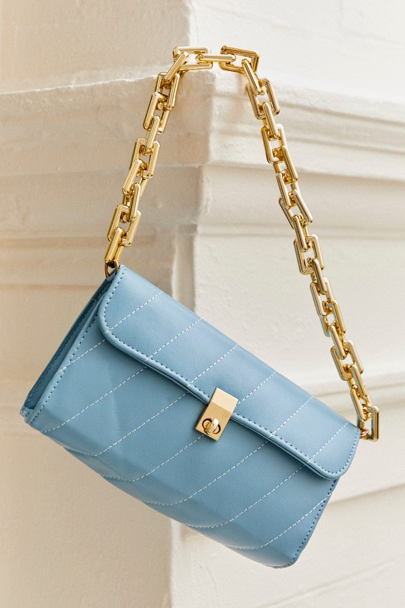 Blue Chain Flap Baguette Bag