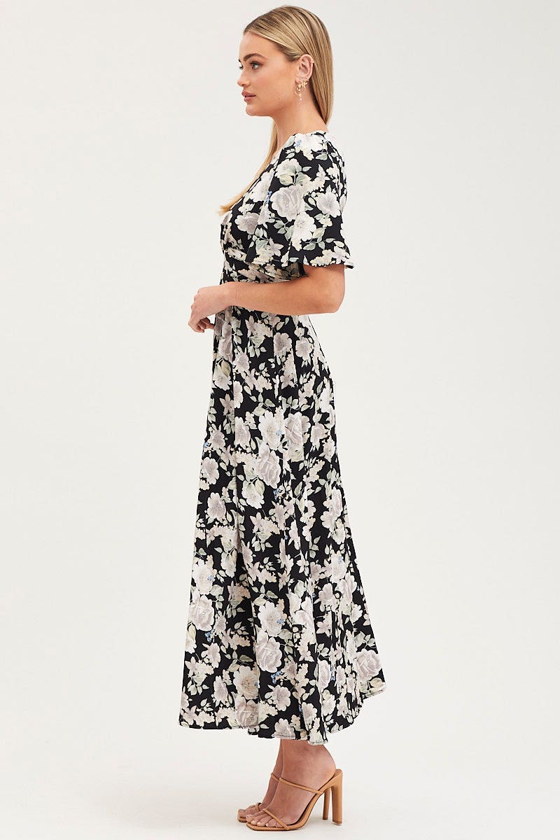 Print Dress Short Sleeve Maxi V Neck Polyester