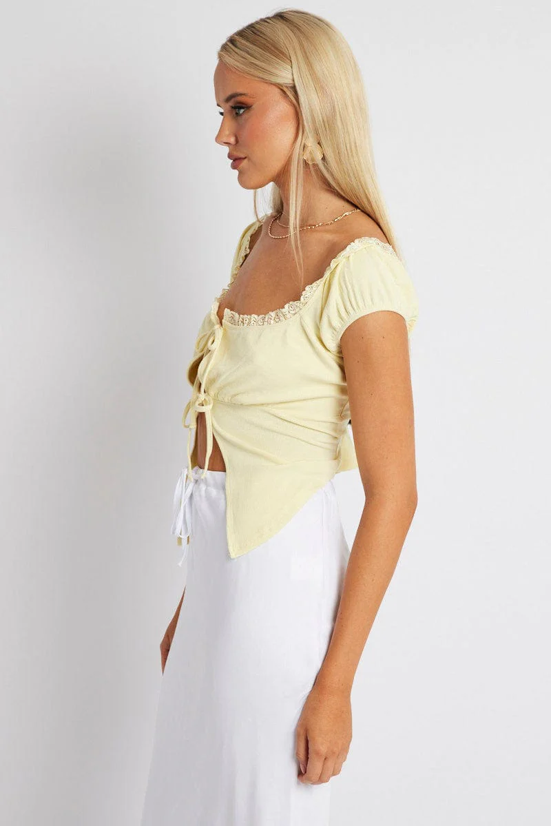 Yellow Front Tie Top Short Sleeve Rib