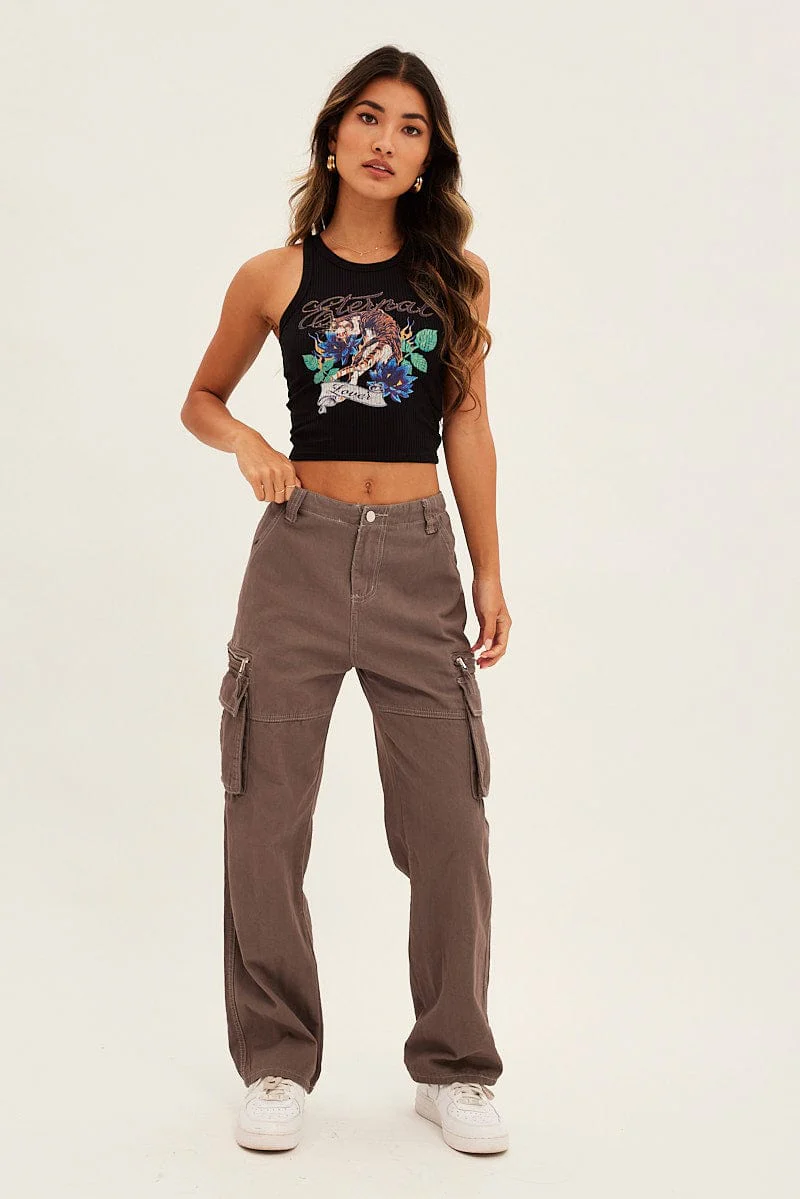 Black Tank Top Round Neck Digital Print