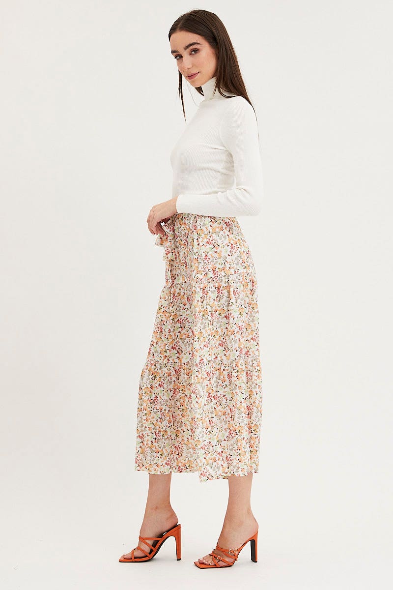 Print Maxi Skirt High Rise Tiered