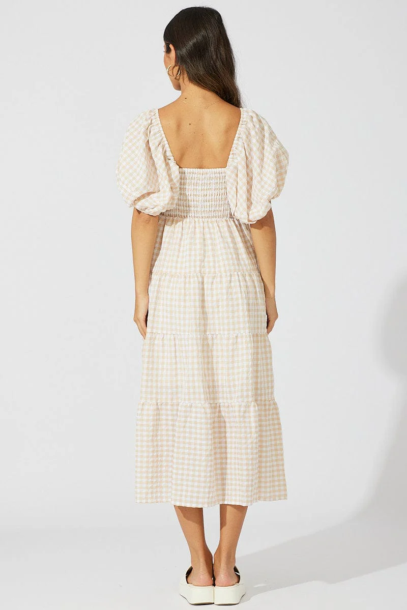 Beige Check Midi Dress Short Sleeve Shirred