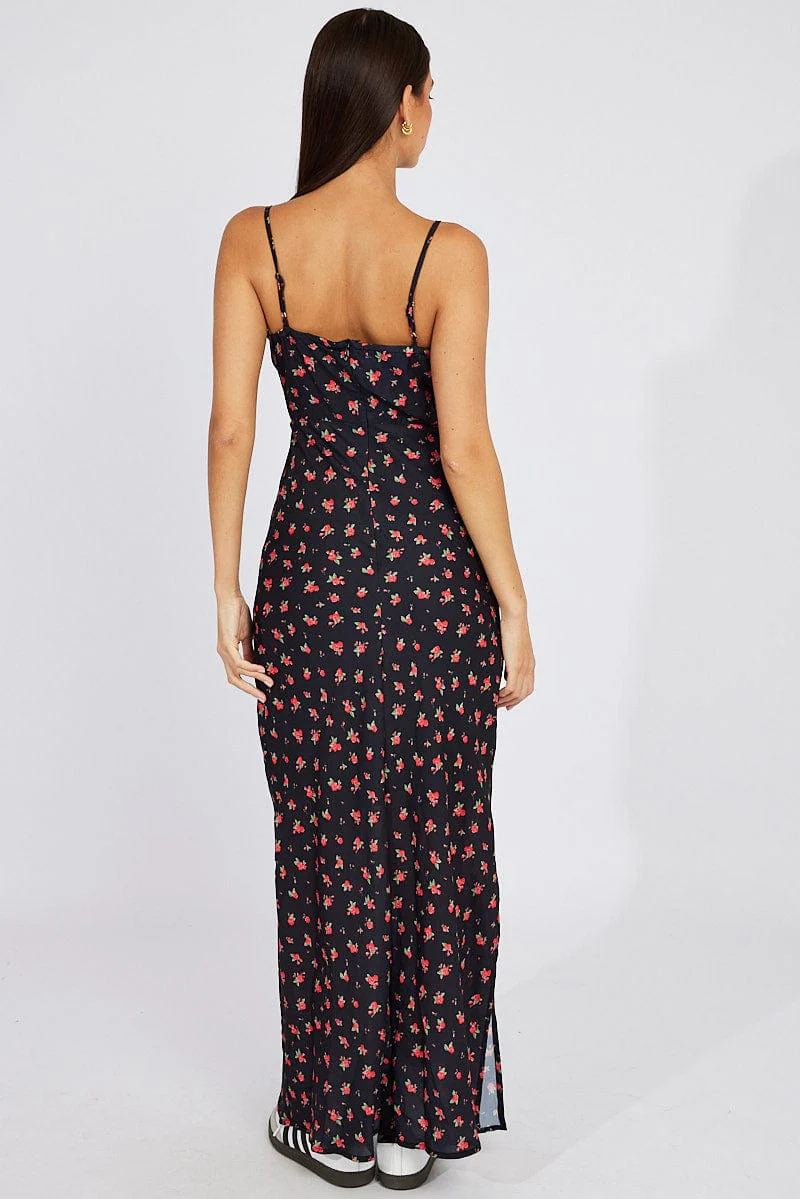 Black Floral Midi Dress Gathering Bust Sleeveless