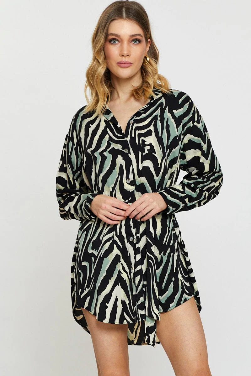 Print Mini Dress Long Sleeve Evening