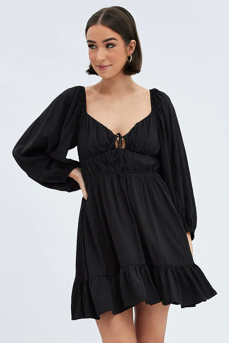 Black Fit and Flare Dress Long Sleeve  Cut Out