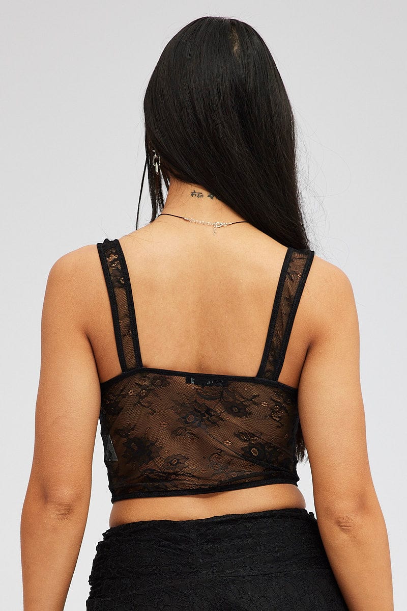 Black Black Lace Top Short Sleeve Slightly Stretch