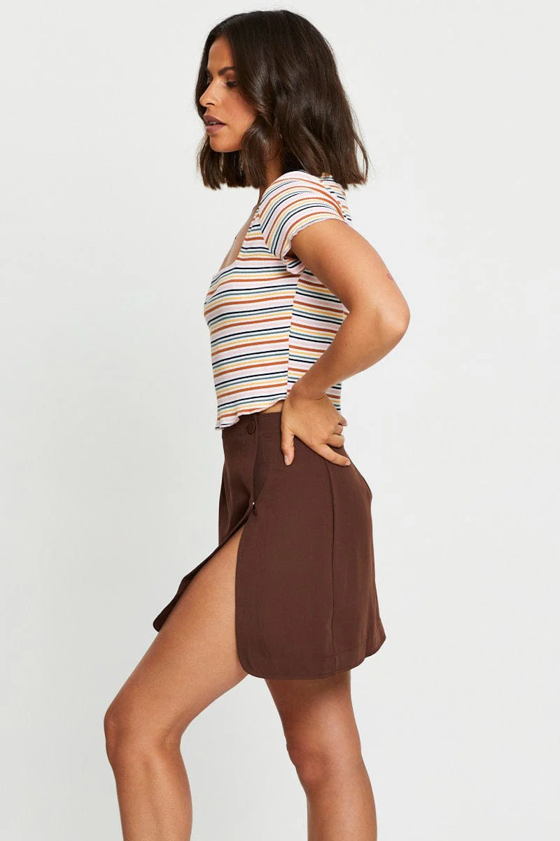 Brown High Waist Linen Front Slit