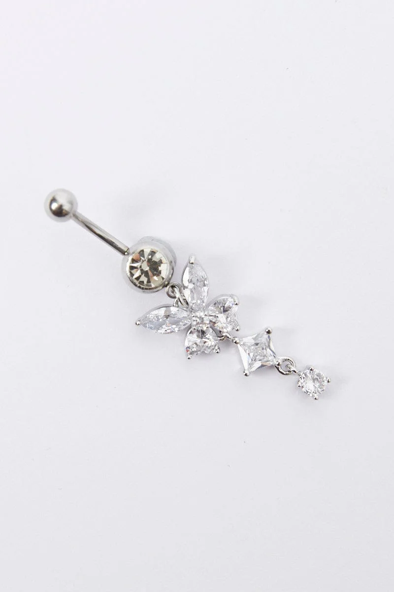 Silver Butterfly Crystal Belly Ring