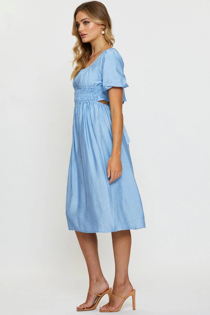 Blue Midi Dress Short Sleeve Square Neck