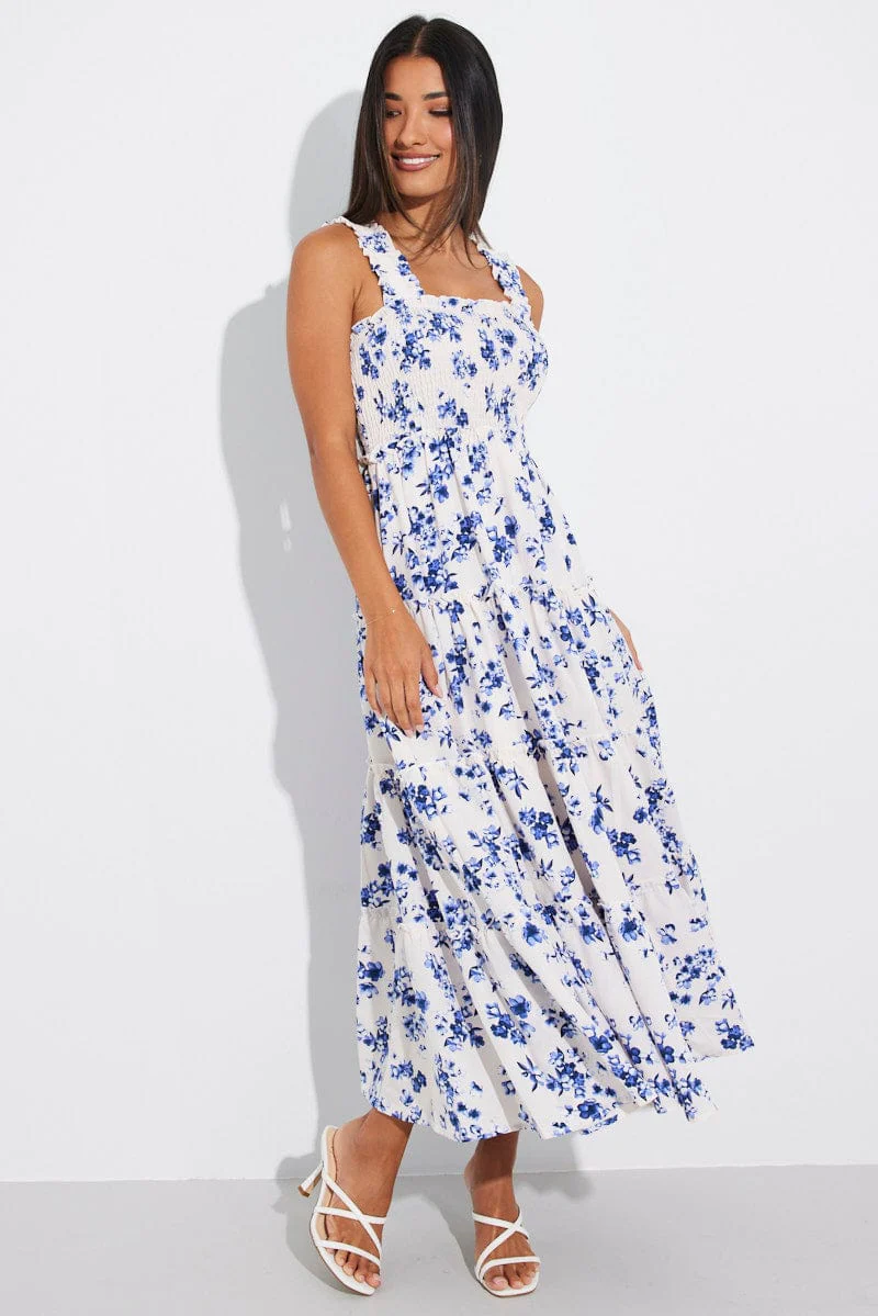White Floral Maxi Dress Shirred Bust Tiered