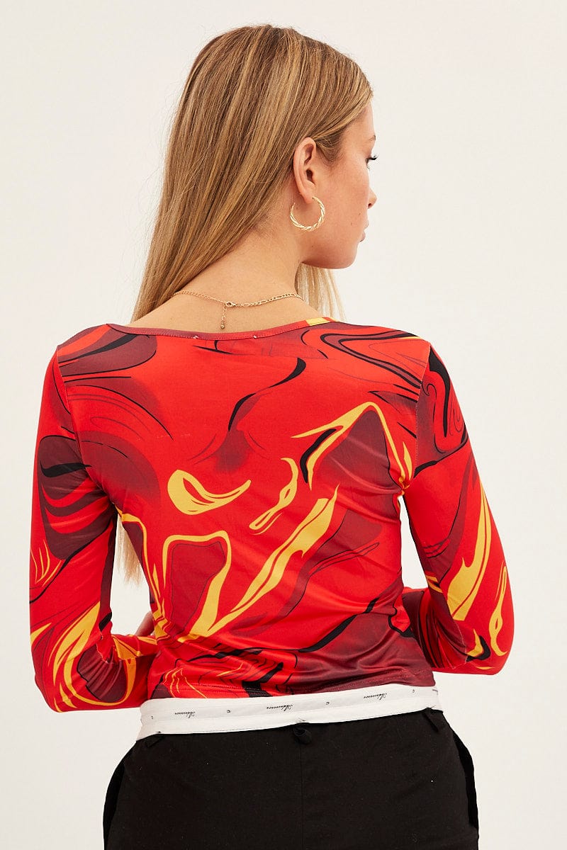 Orange Abstract Abstract Print Mesh Top