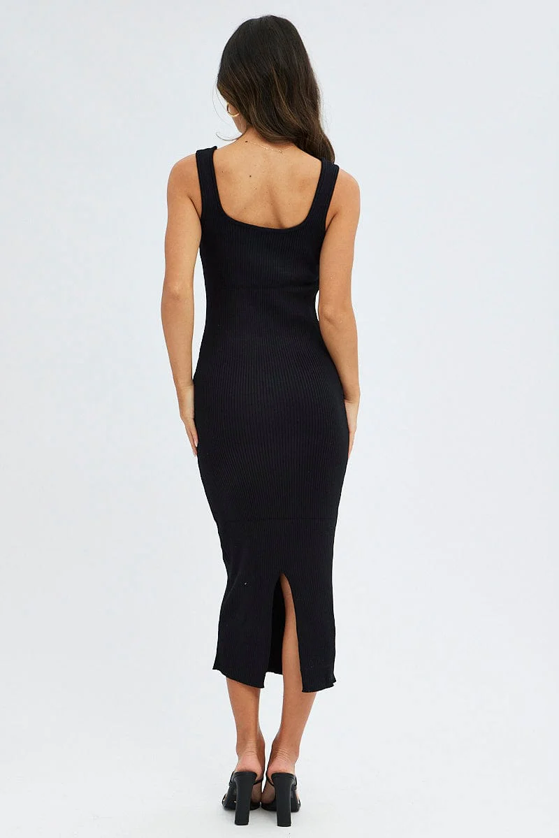 Black Knit Midi Dress Sleeveless Scoop Neck Bodycon Rib