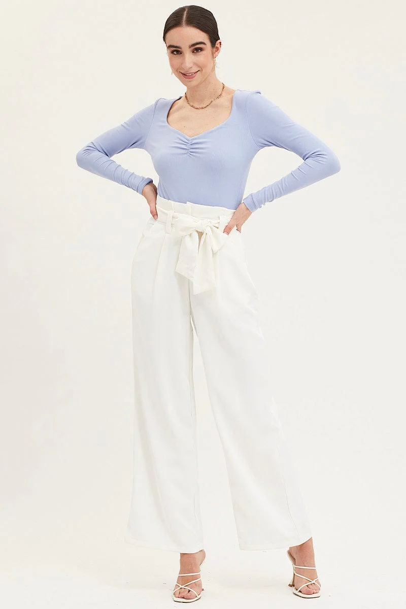 White Paper Bag Pants Wide Leg