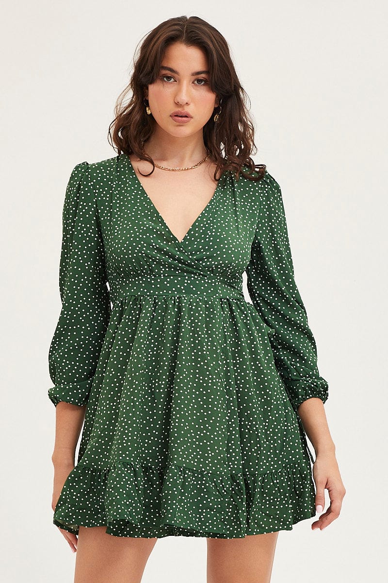 Polka Dot Wrap Dress Long Sleeve