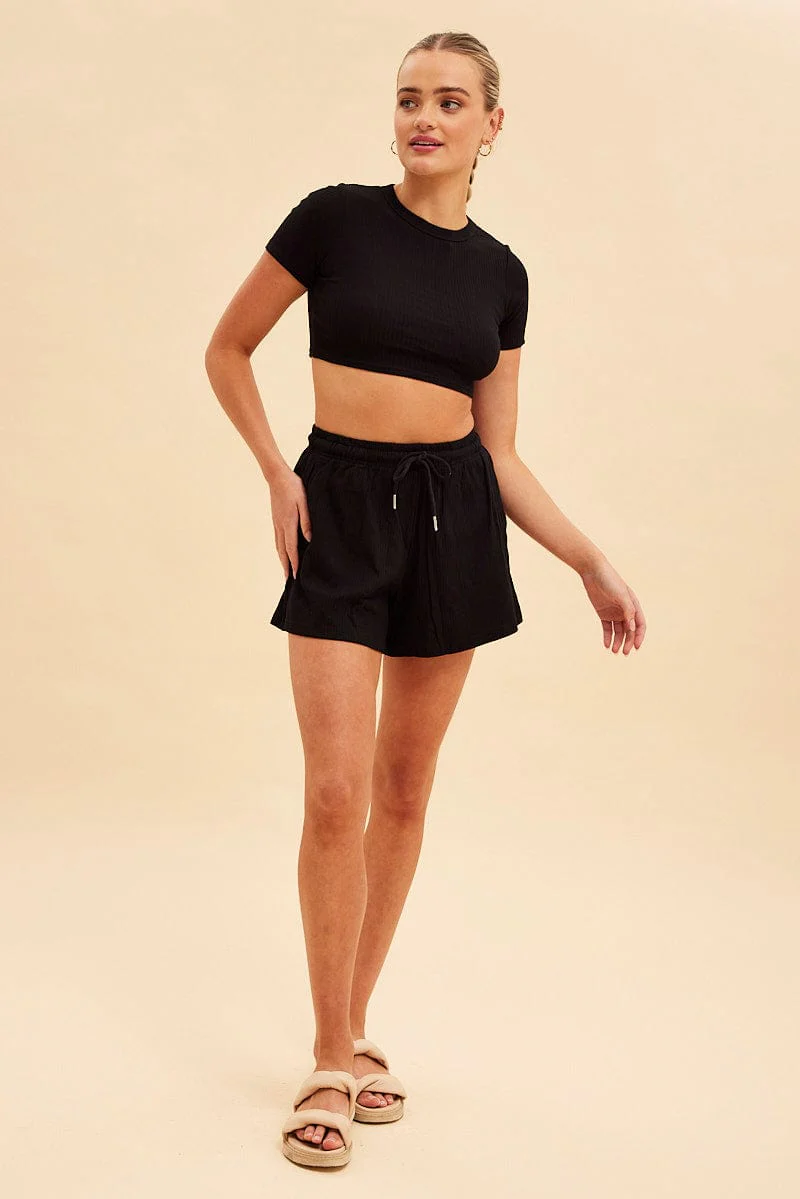 Black Prea Rib Drawstring Short