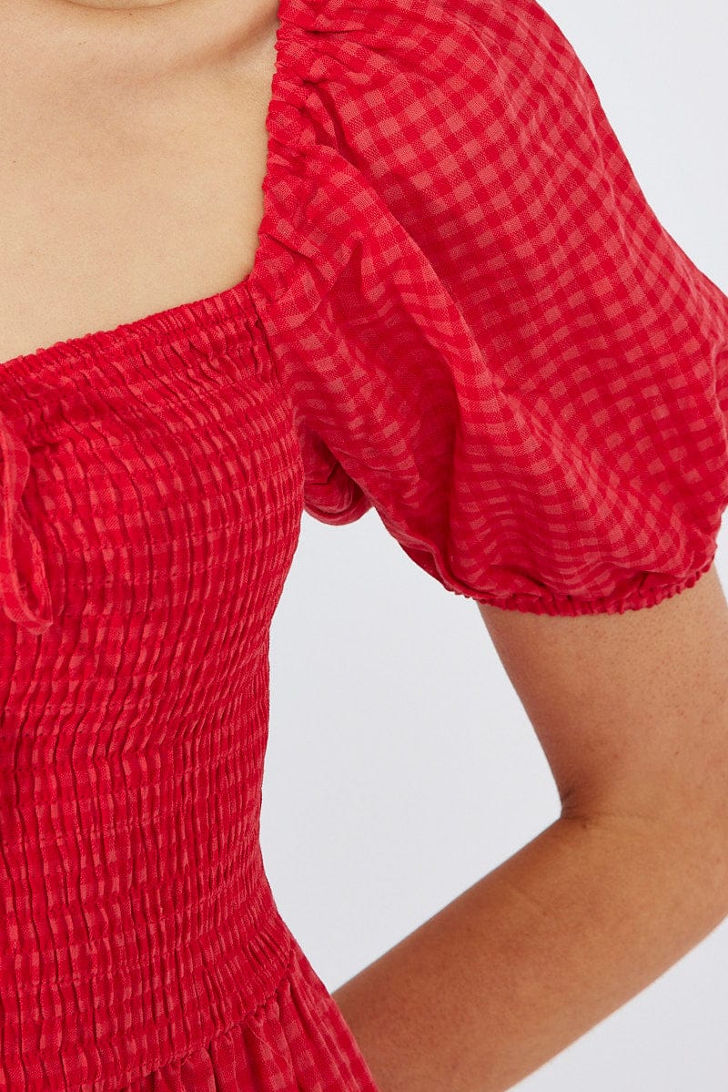 Red Midi Dress Short Sleeve Shirred