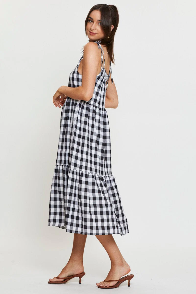 Check Midi Dress Sleeveless Tie Shoulder