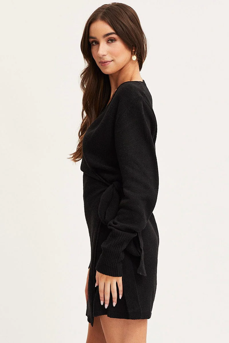 Black Wrap Dress Long Sleeve Mini Knit