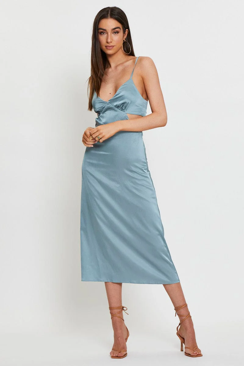 Blue Midi Dress Satin
