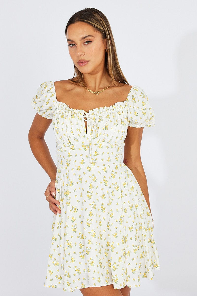 White Ditsy Fit And Flare Dress Puff Sleeve Mini