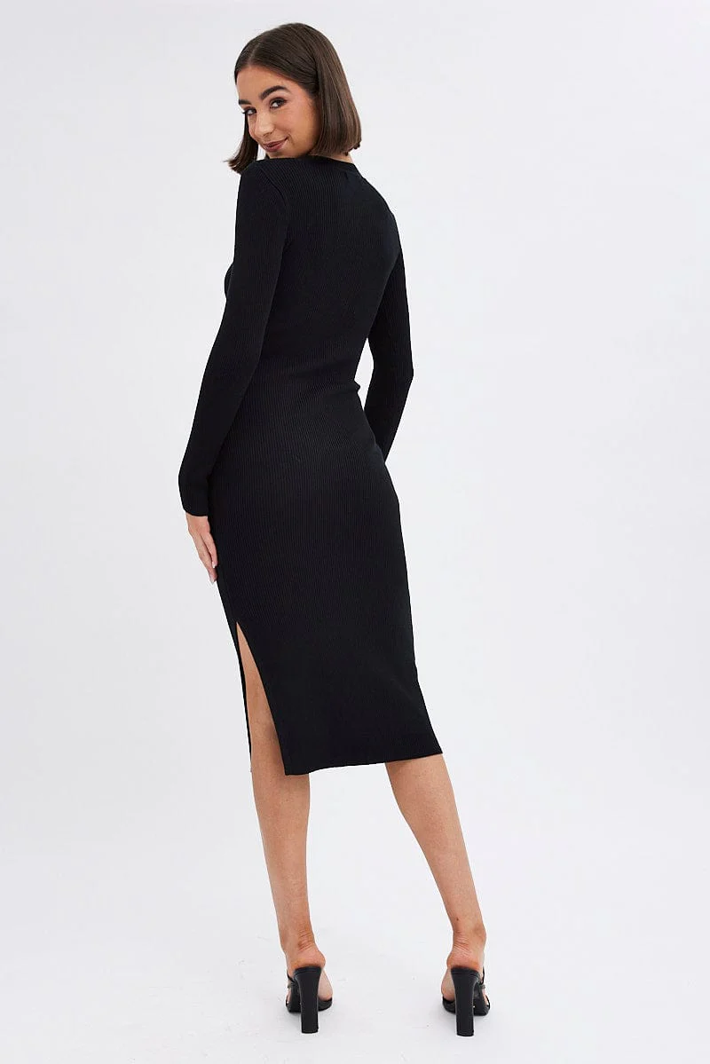 Black Midi Dress Long Sleeve Round Neck Rib Knitted