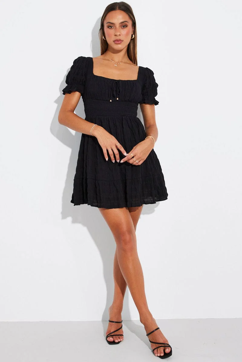 Black Fit And Flare Dress Puff Sleeve