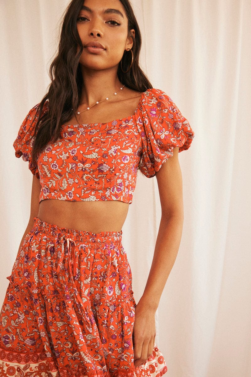 Red Boho Crop Top Short Sleeve Off Shoulder Full Volume