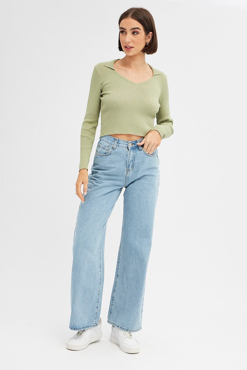 Green Long Sleeve Knit Collar Semi Crop Top