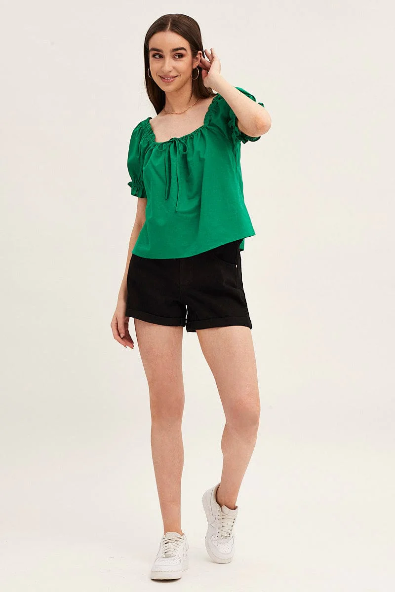 Green Cotton Linen Puff Short Sleeve Longline Top