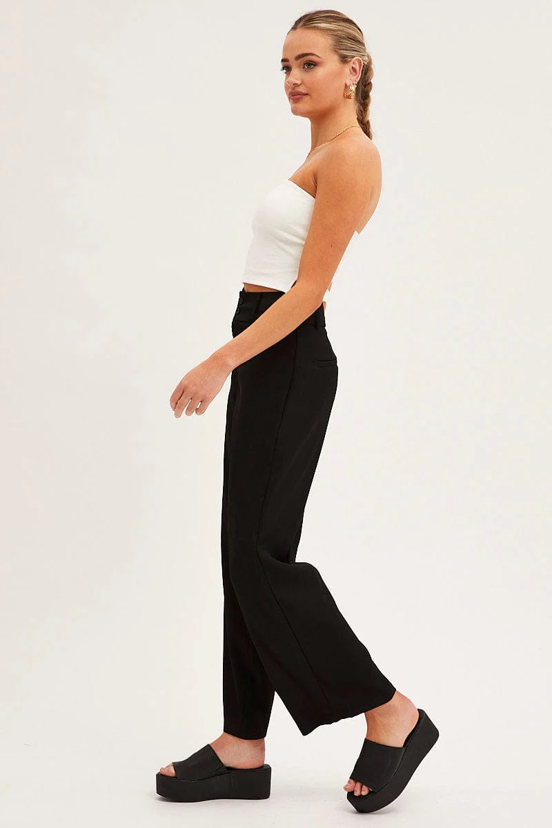 Black Mid Rise Pant Tailored Wide Leg