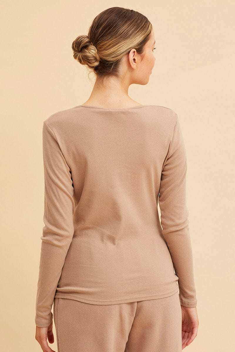 Beige Rib T-Shirt Crew Neck Long Sleeve