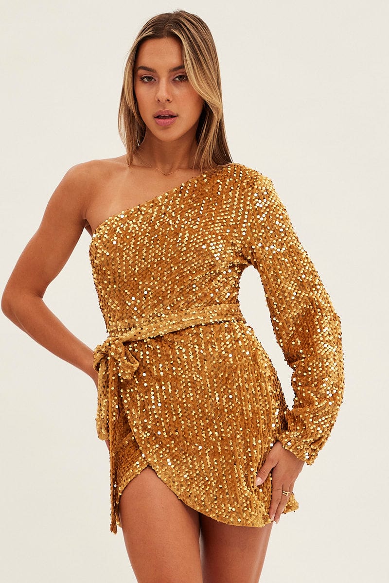 Gold Sequin Mini Dress One Shoulder