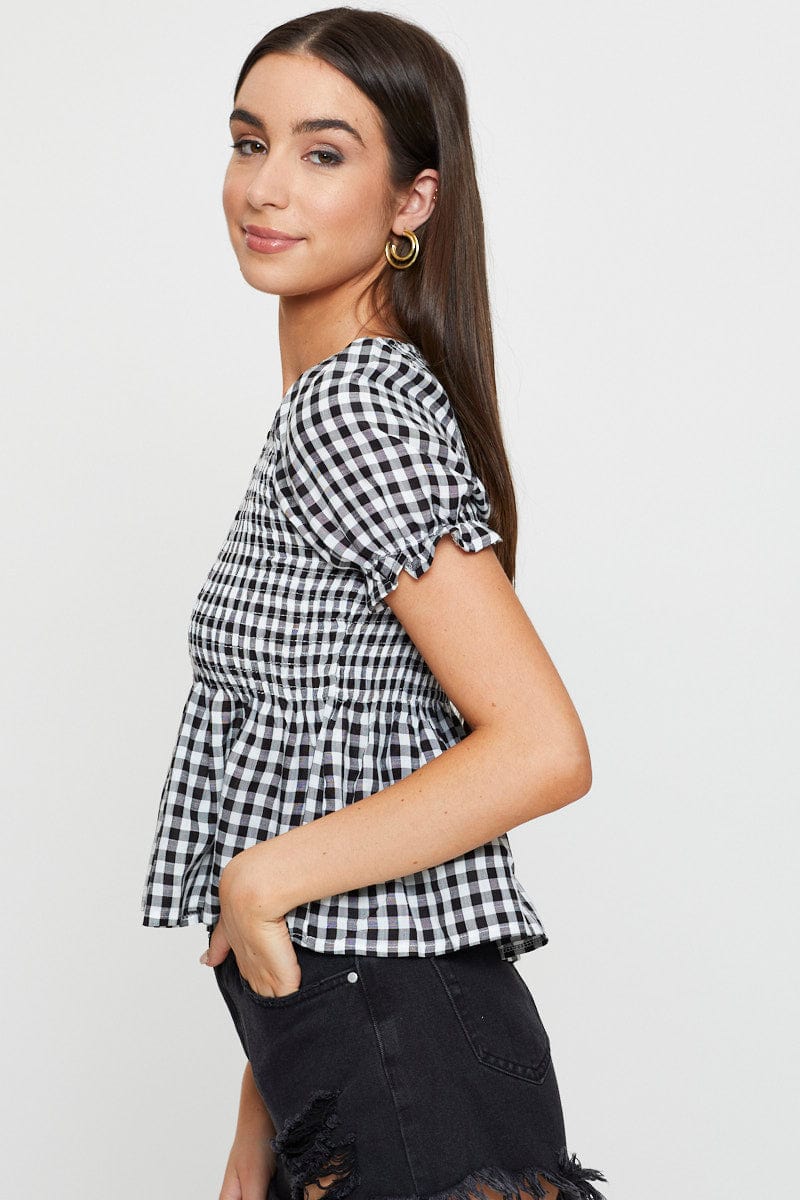 Check Puff Sleeve Top Short Sleeve