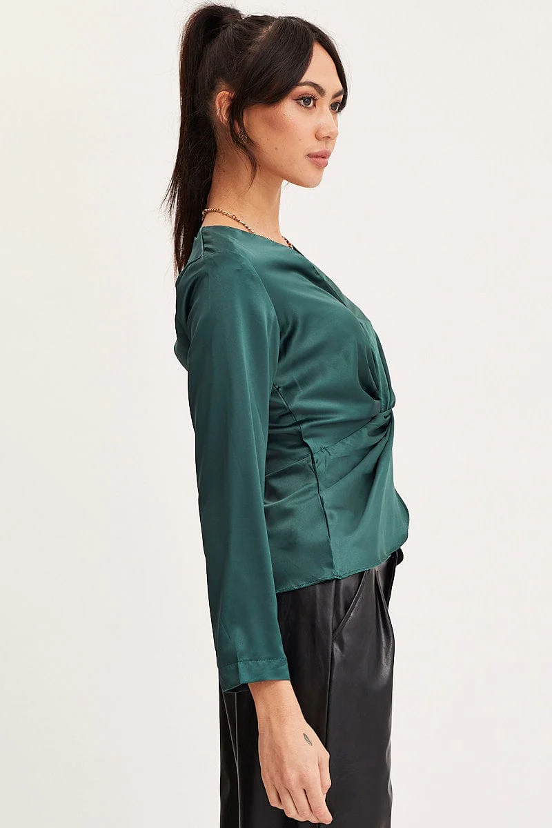 Green Twist Front Top Long Sleeve