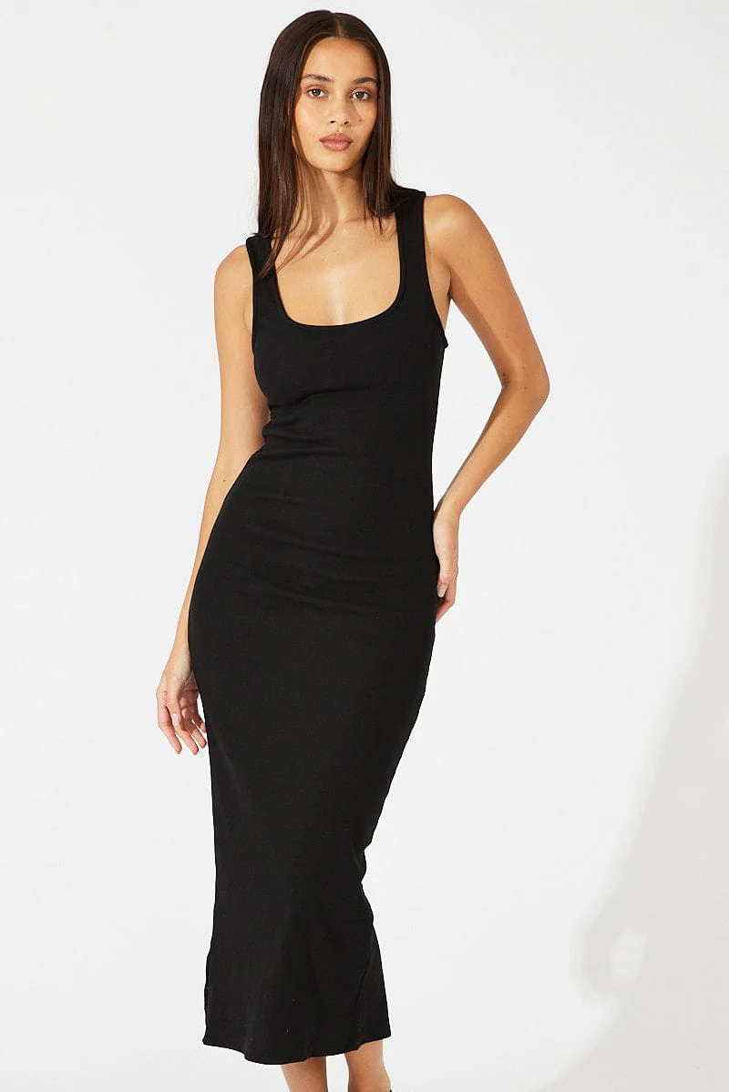 Black Midi Dress Sleeveless Bodycon Rib
