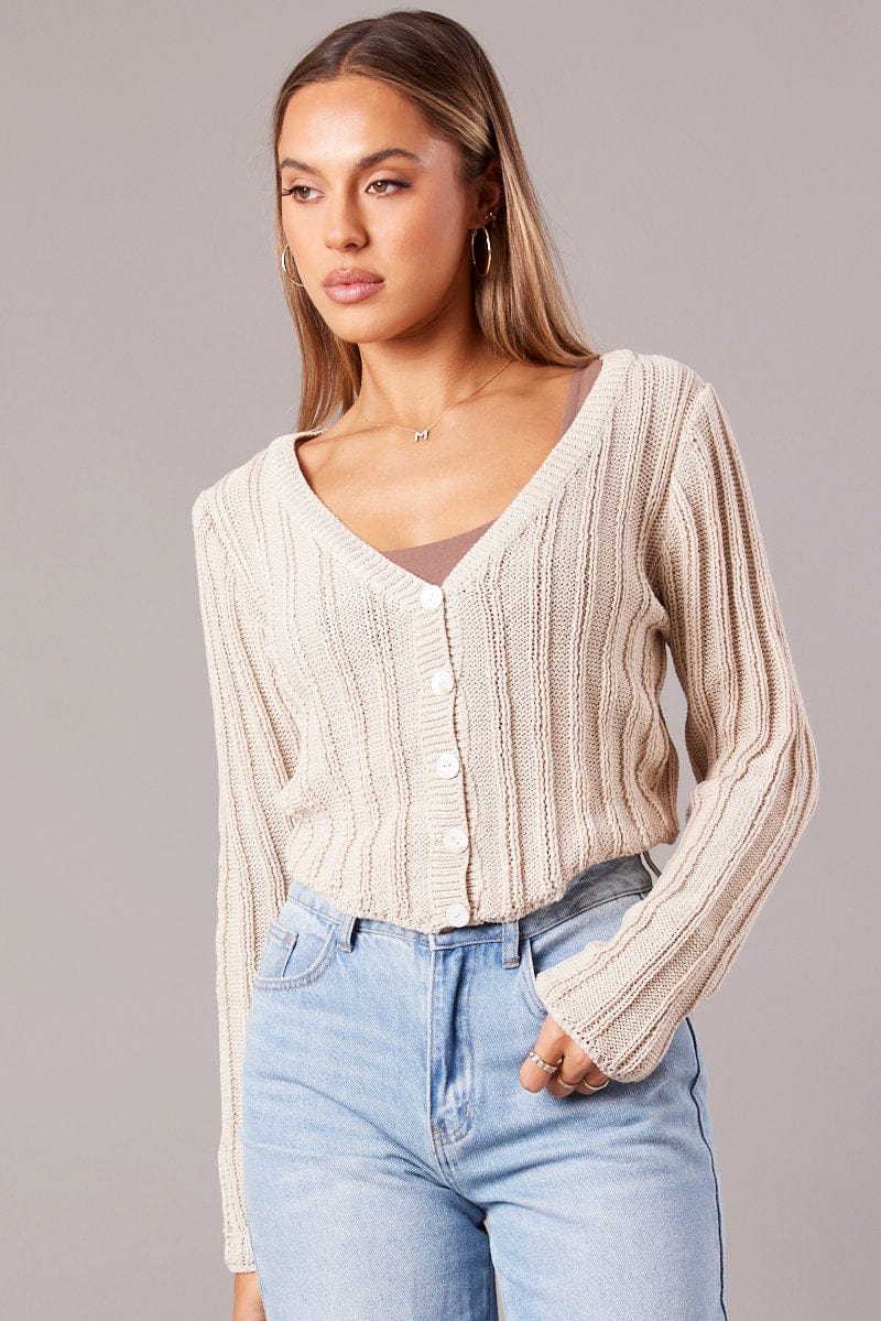 Beige Knit Cardigan Long Sleeve