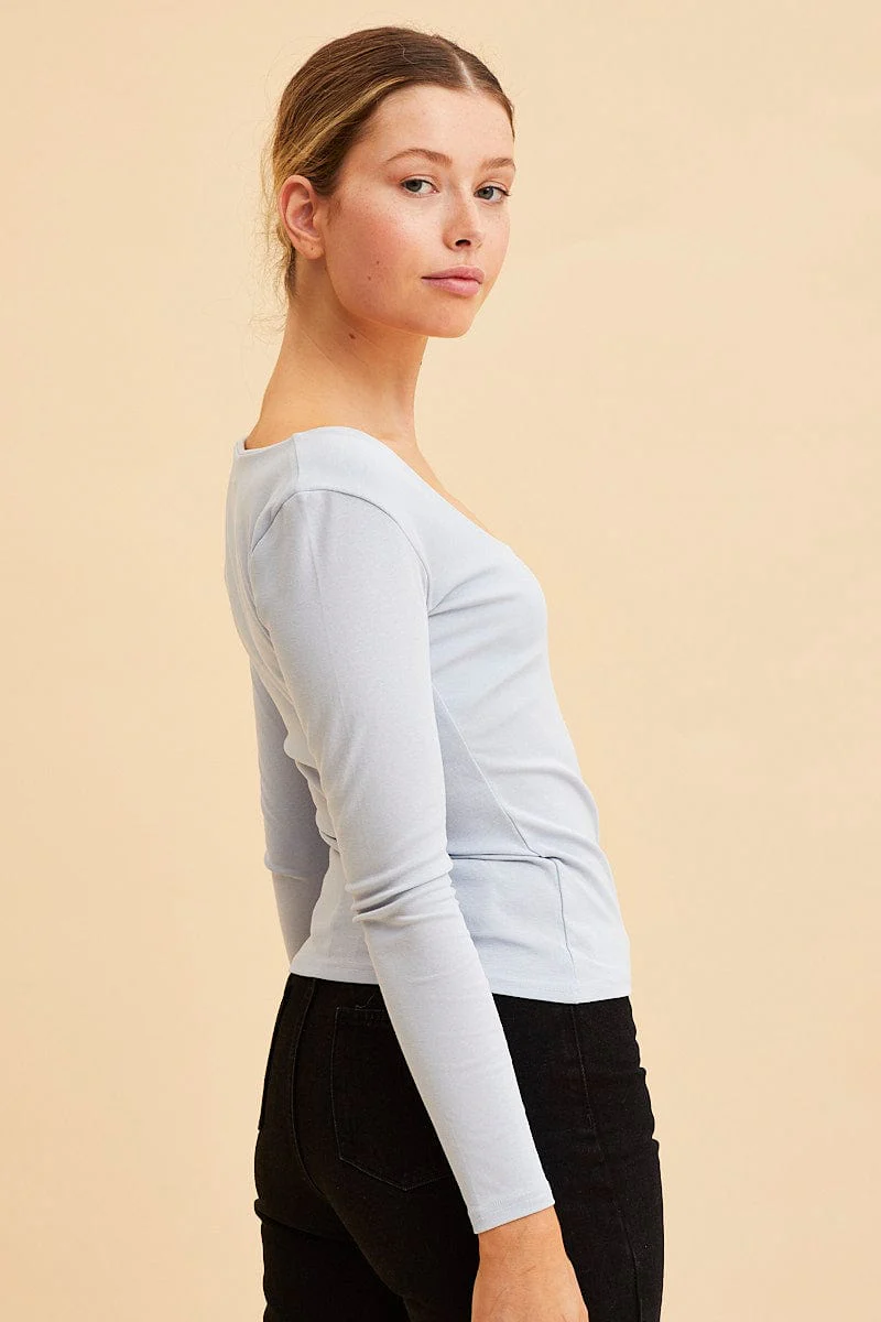Blue Cotton Top Long Sleeve Scoop Neck