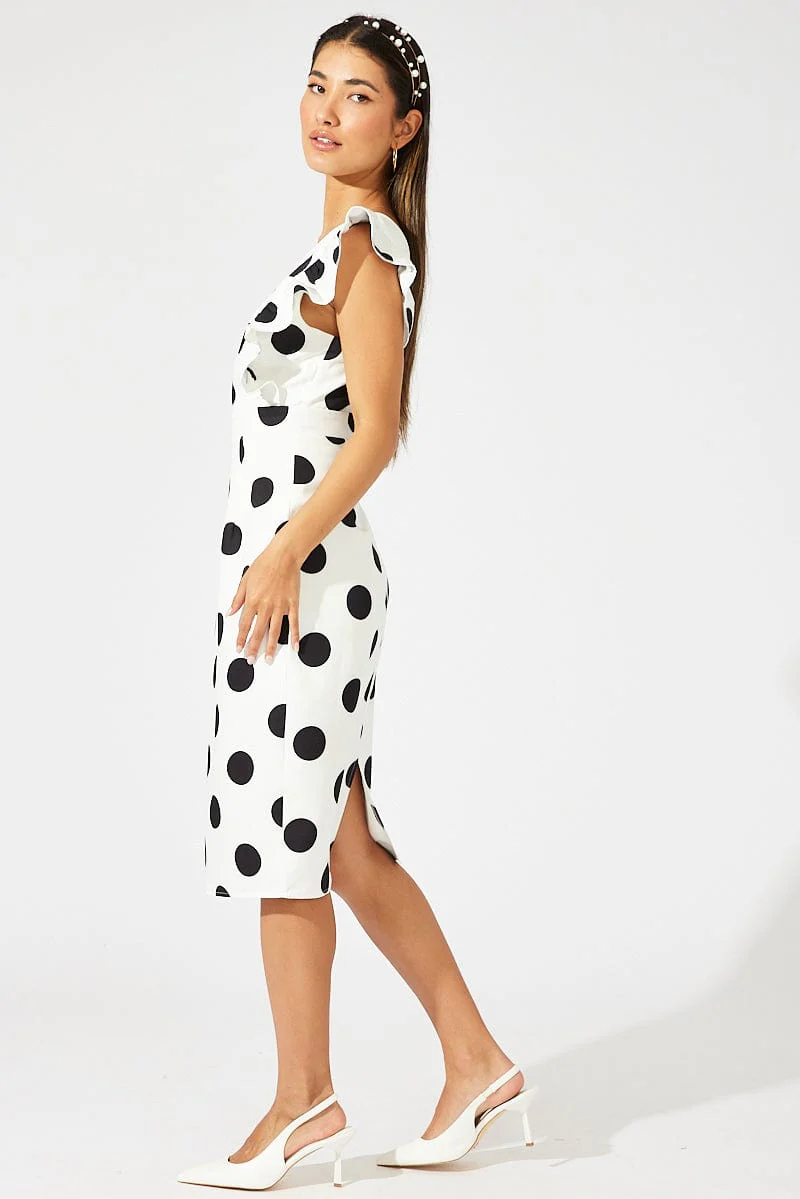 Black Polka Dot Midi Dress Plunge Ruffle Shoulder Oversized Polka