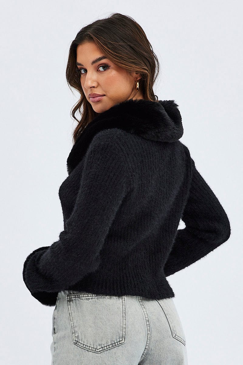 Black Knit Cardigan Fur Trim