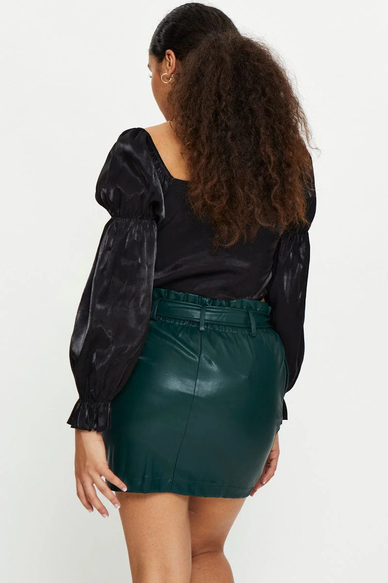 Green Faux Leather Belted Skirt