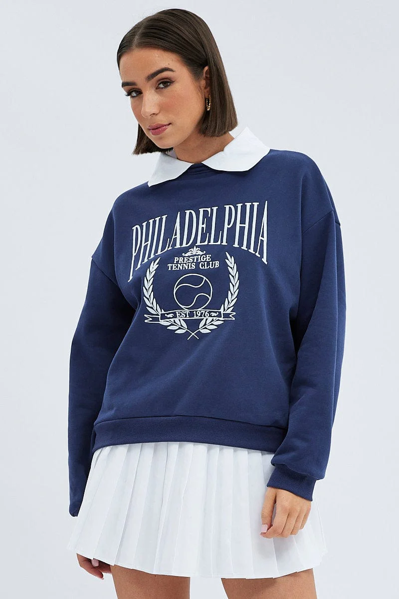 Blue Embroidered Sweater With Collar Varsity Sweat