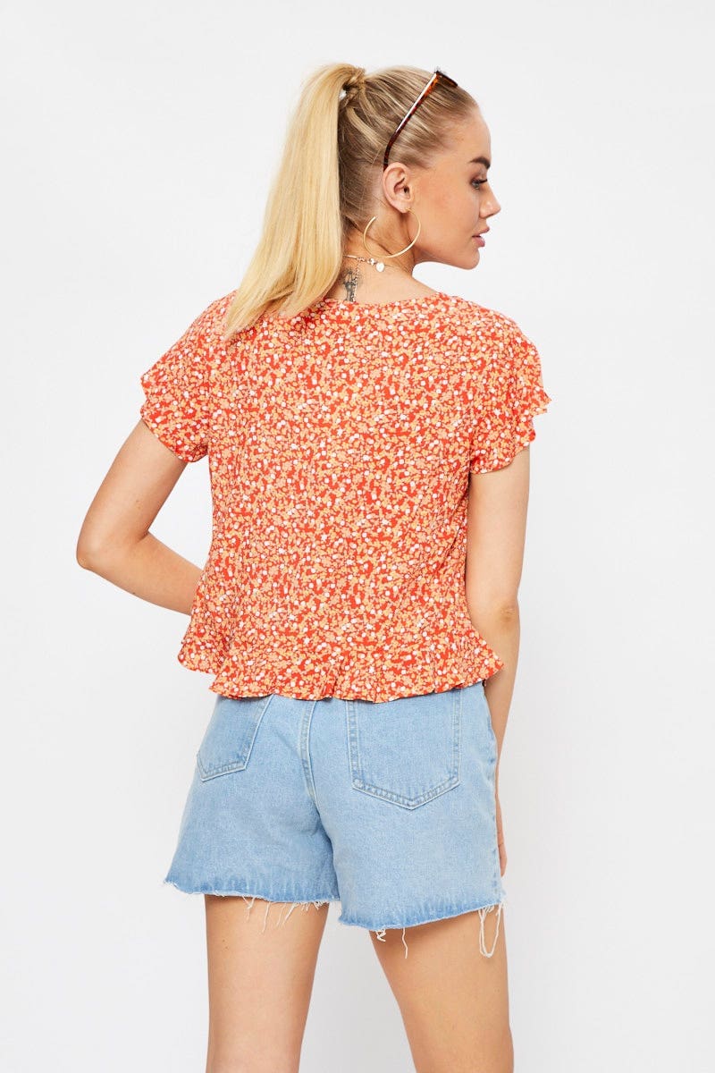 Print Button Down Ruffle Top