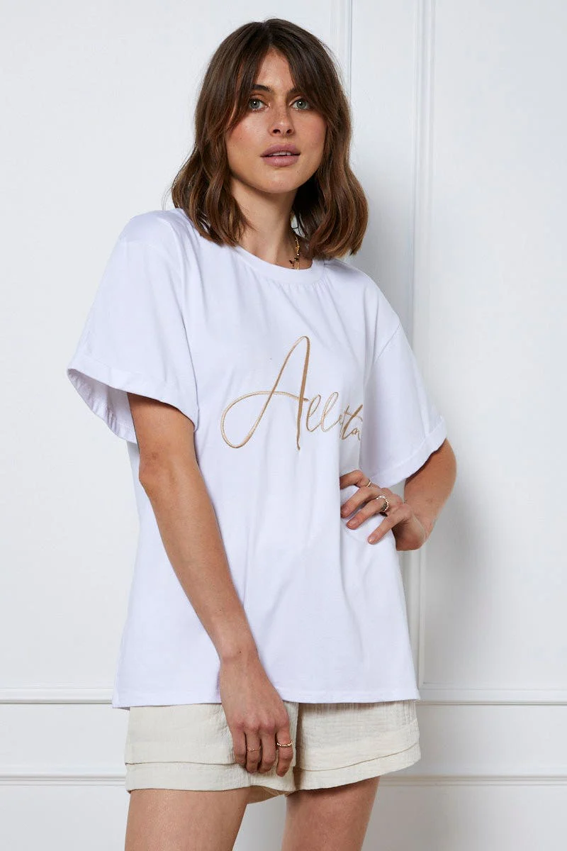 White Graphic T Shirt Short Sleeve Oversized Crew Neck
