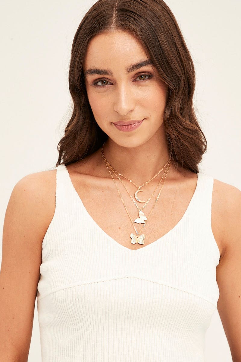 Gold Butterfly And Moon Pendent Layered Necklace